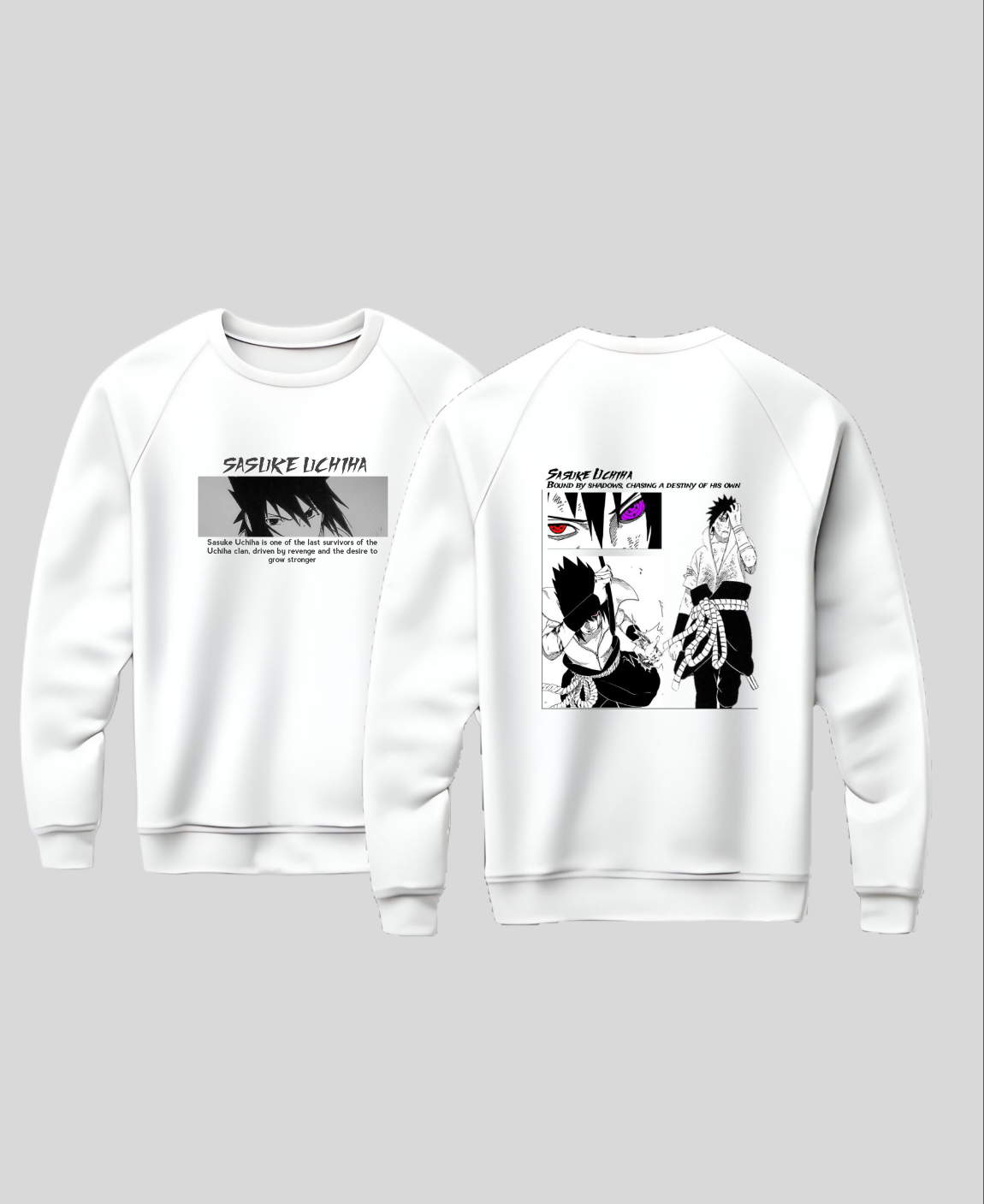 Sasuke Uchiha Printed Drop Shoulder Sweatshirt – White (DTG Printed)